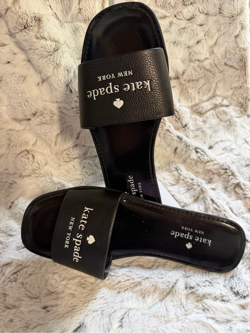 kate spade black leather slide sandals with logo, size 10. NWOT